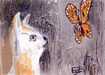 "Kitty & Butterfly" by Charlene Zabawski, Madison WI - Acrylic & ink